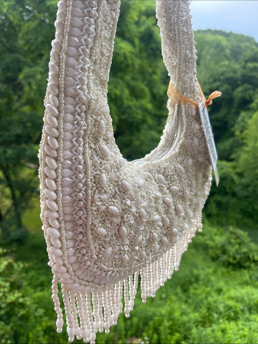 Viral Beaded Bag - Cream Shoulder Bag with Fringe - perfect bridal purse! - Picture 5 of 5